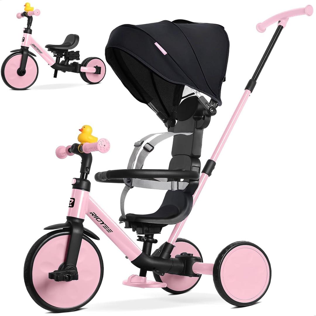 RIDYEE 8-in-1 Tricycle for 1.5-5 Years, Tool-Free Switch, Toddler Tricycle with Parent Steering Control Handle for 1.5 to 5 Yrs, Toddler Trike 1.5-3 Years with 5-Point Harness and Large Canopy, Pink