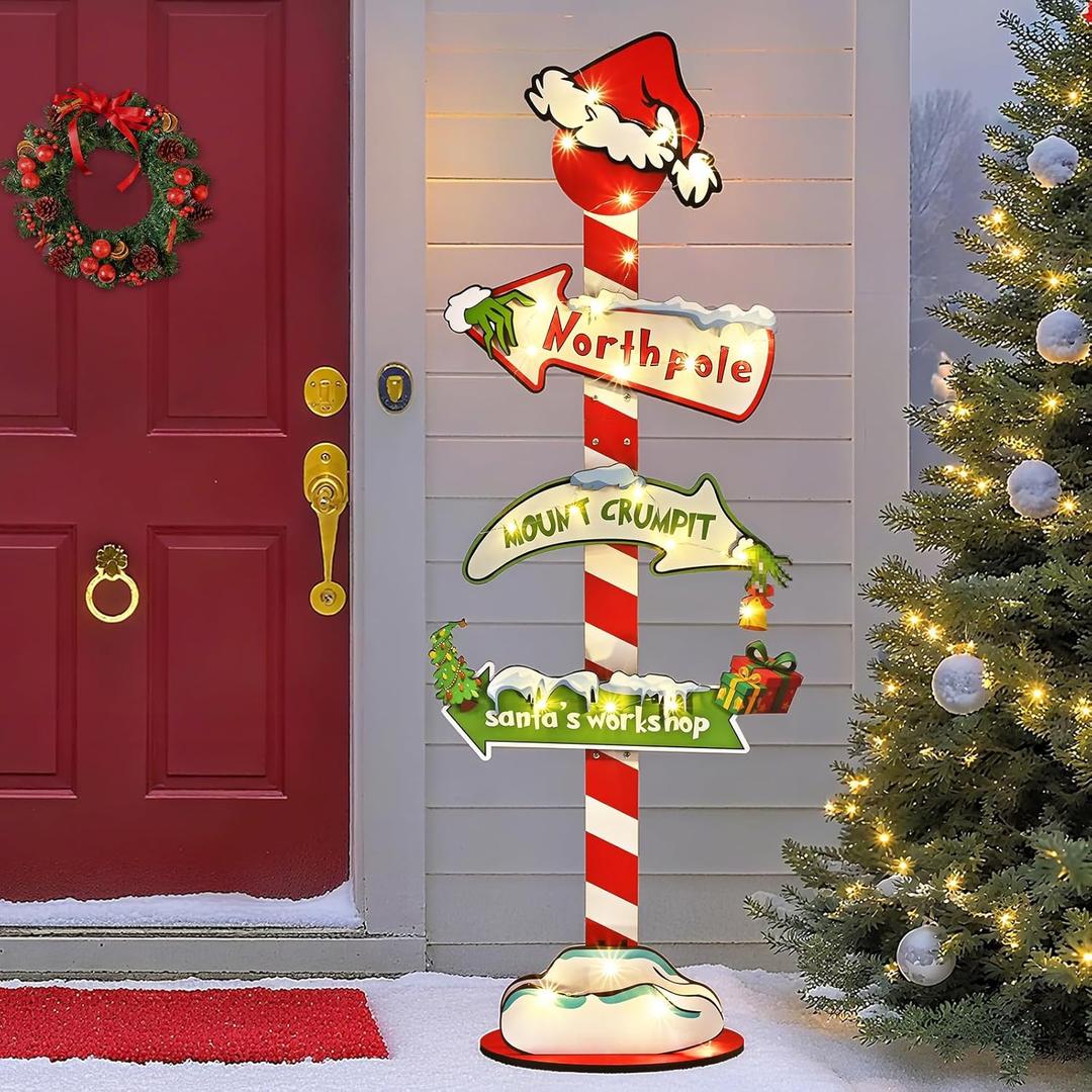 Yinhua 45 Inch Christmas Decorations Indoor Mount Crumpit Christmas Signs Lighted North Pole Signs for Holiday Winter Party Wooden Xmas Decorations for Home, Red