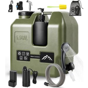 Portable Shower for Camping with Water Jug, Electric Rechargeable Camping Shower, 5.5-Gal Food Grade Water Container IPX7 Waterproof Outdoor Camp Pump for Hiking Beach, Travel, Pet Bath