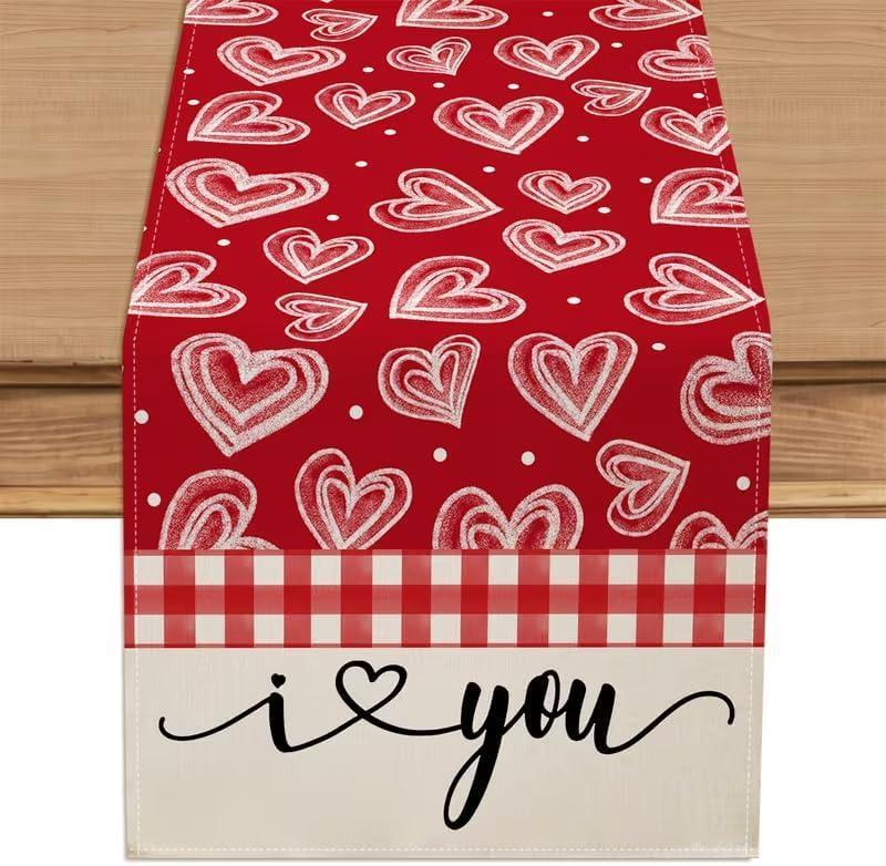 3 x Valentine Buffalo Grid I Love You Wedding Anniversary Table Runner 13x36 Inch , Red Polka Dot Heart Dinning Kitchen Table Decoration for Home Party Indoor Outdoor
