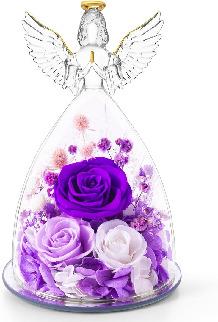 Valentines Day Roses Gifts for Women,Preserved Real Flowers Roses in Glass Angel Figurines,Valentines Day Gifts for Women Mom Wife Girlfriend./Purple