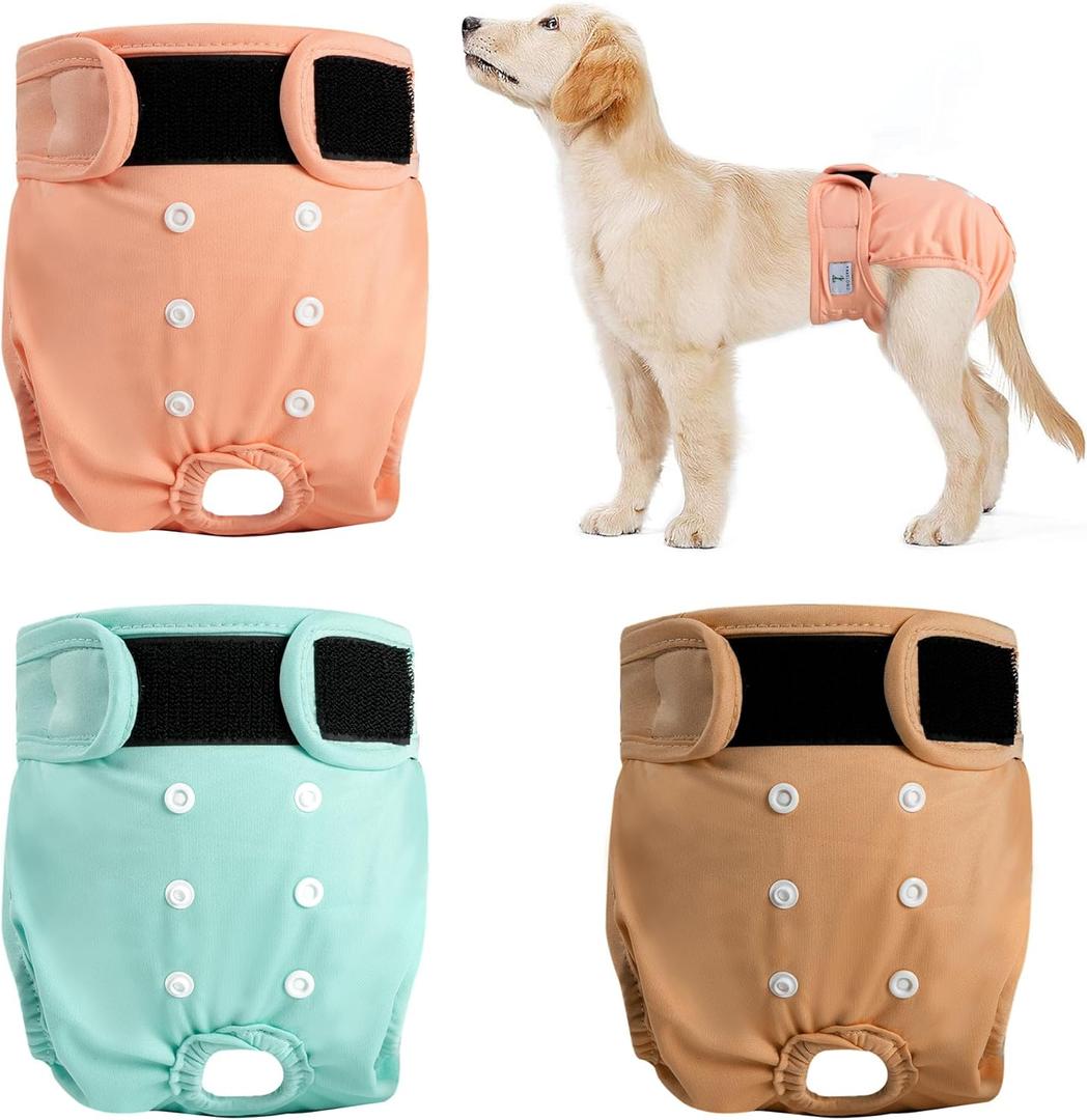 3 Pack Reusable Female Dog Diapers, Washable Diaper for Doggie, Highly Absorbent Dog Diaper, Adjustable Leakproof Puppy Diapers Skirt for Heat, Incontinence, Period Doggy Nappies, 12"-15"Waist (Medium, Light Colored Series)