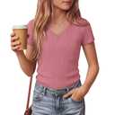 LessonZoo Girls Shirts Short Sleeve V Neck Ribbed Slim Fit Kids Tops Comfy Cute Summer Teen Girl Basic Tees(Peach Pink,5-6 Years)