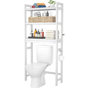 Homykic Over The Toilet Storage, Bamboo Over Toilet Bathroom Organizer Rack, Freestanding Bathroom Shelves Above Toilet Storage with 3 Hooks, Bathroom Space Saver, No Rust, Easy to Assemble, White