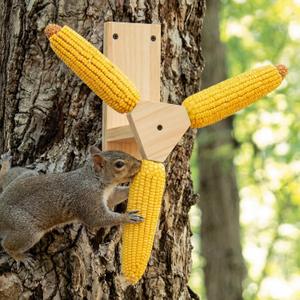 LemonRoad Squirrel Feeder for Outside, Squirrel Spinner Corn Cob Holder with 3 Ears, Wooden Chipmunk Feeder No Corn (Beige)