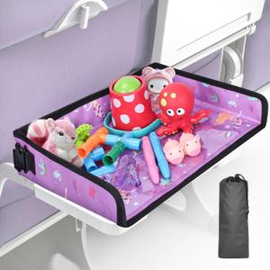 Kids Tray Table Cover, Airplane Tray Cover with Pockets, Airplane Travel Essentials for Kids, Portable Airplane Must Haves for Toddler on Plane or Train and Flying Supplies (Purple)
