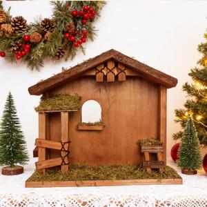 XWY Wooden Nativity Stable, 14" Christmas Wood Manger Scene for 7-8 Inch Nativity Figurines, Rustic Creche with Natural Moss for Holiday Home Decor