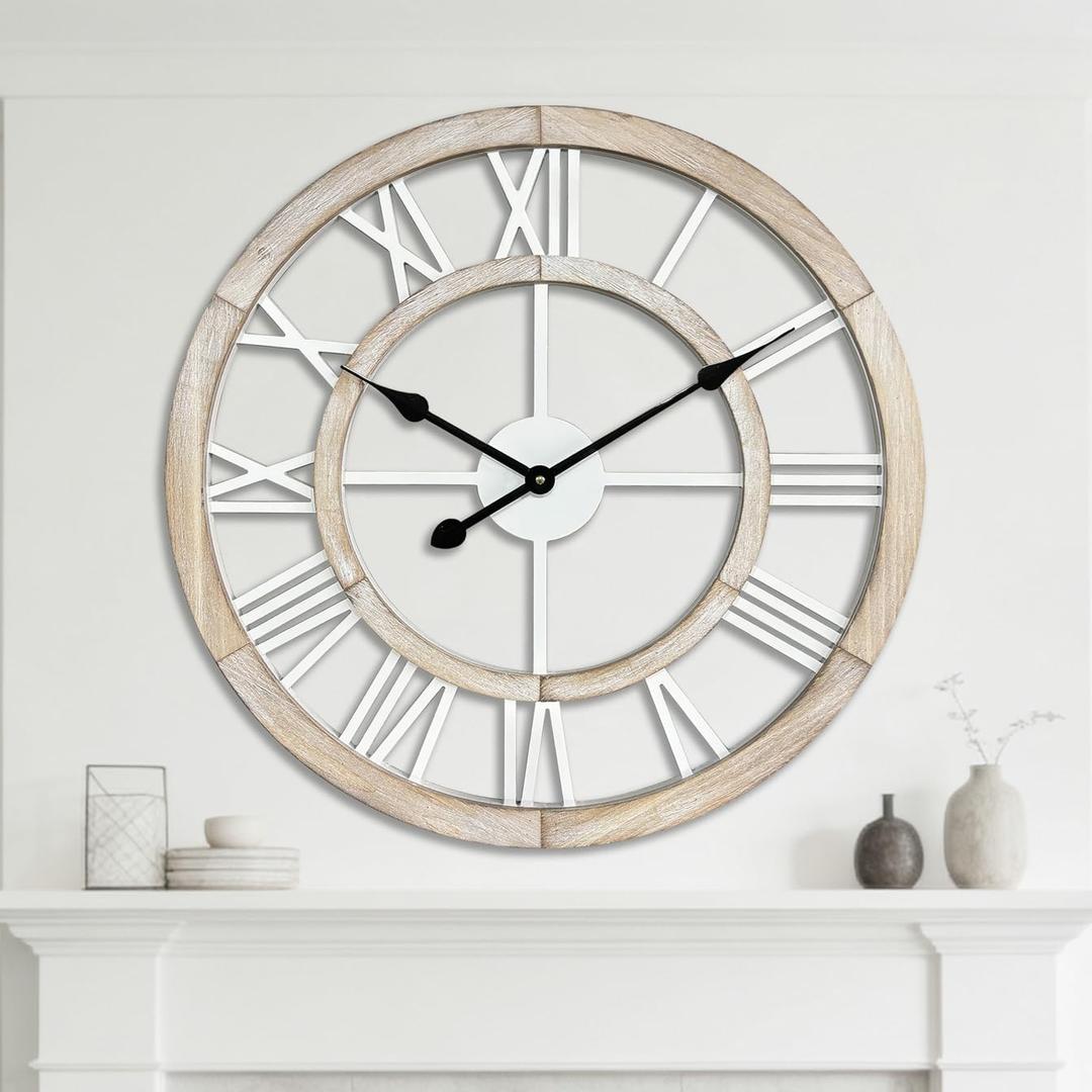 24 Inch Large Rustic Wall Clock Silent Non-Ticking Wooden Wall Clocks with Roman Numerals Farmhouse Decorative Clock for Living Room Bedroom Office (Light Lvory, 24 Inch)