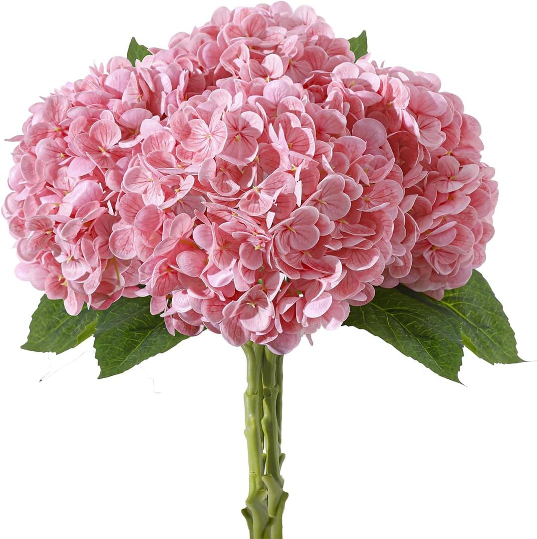 4 Pcs Artificial Hydrangea Silk Flowers with Stems, 19.7" Pink Faux Hydrangeas Bouquet, 240 Petals, UV Resistant & Waterproof Fake Flower for Outdoor Wedding Home Decor