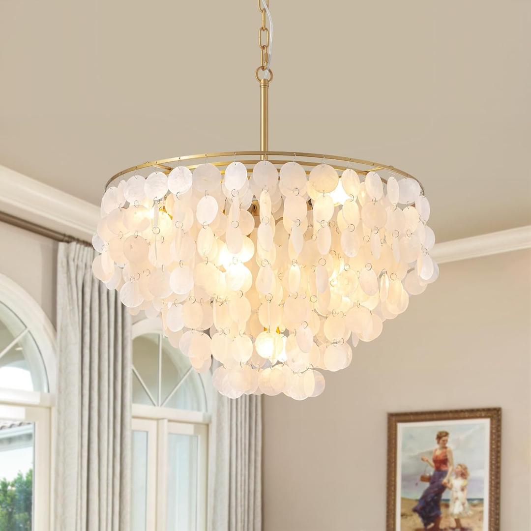NOXARTE Capiz Shell Chandelier, 7 Lights Round Coastal Chandeliers, Pendant Lighting Fixtures with Seashell Shade, Gold Shell Chandelier Light for Bedroom Living Room Dining Room(24 inch)