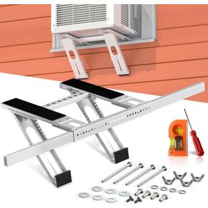 Air Conditioner Bracket No Drill: Heavy Duty Holder with Bubble Level for 350lbs AC Units, Adjustable Width, No Tools Needed, Fits Single & Double Hung Windows, 5000-24000 BTU Coverage