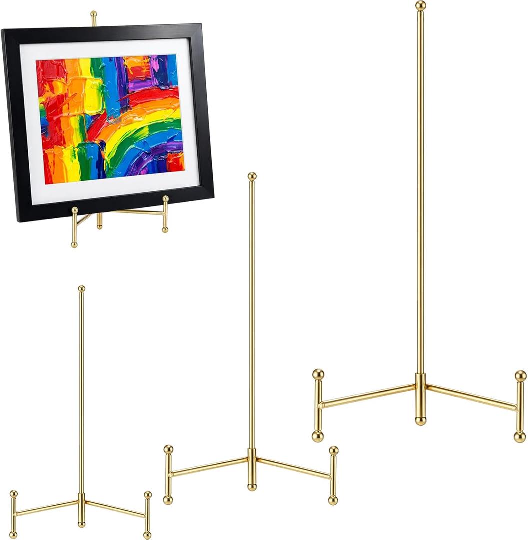 Gerrii 3 Pcs 12 10 8 Inch Gold Easel Stand Picture Frame Stands for Display Metal Tripod Easel Plate Display Stands Photo Standing Metal Holder for Picture, Book, Photo, Creation, Collectibles