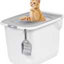 IRIS USA Cat Litter Box, Large Cat Box Enclosure, Top Entry with Litter Catching Lid, Enclosed with Scoop, White/Gray (White w/ Scoop)