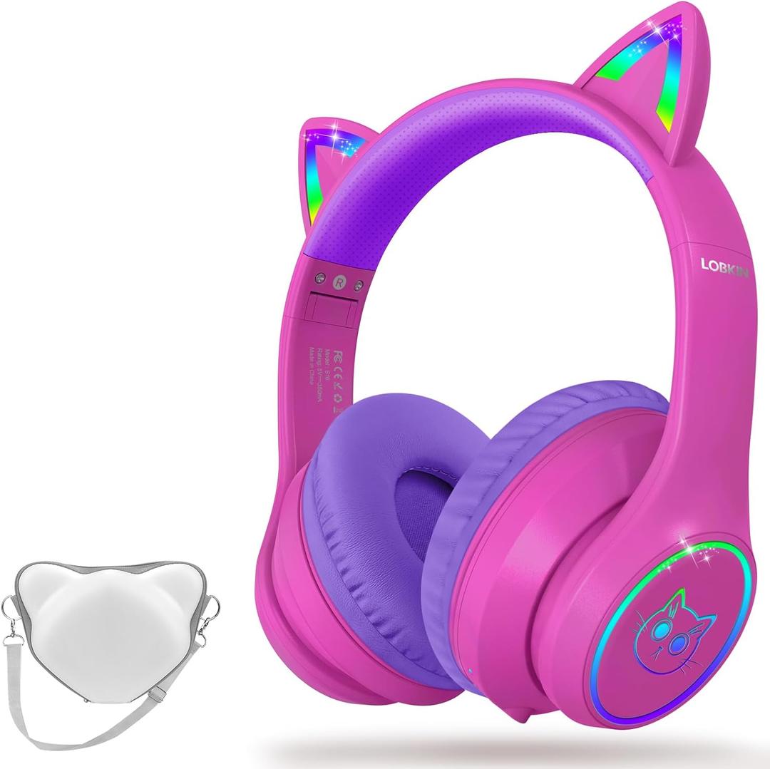 LOBKIN Bluetooth 5.4 Kids Headphones with Case - RGB LED Light Up Cat Ears Foldable Adjustable Over Ear Headphone Support Wireless or 3.5mm Wired Mode for Toddler & Girls & Boys Teens (Hot Pink)