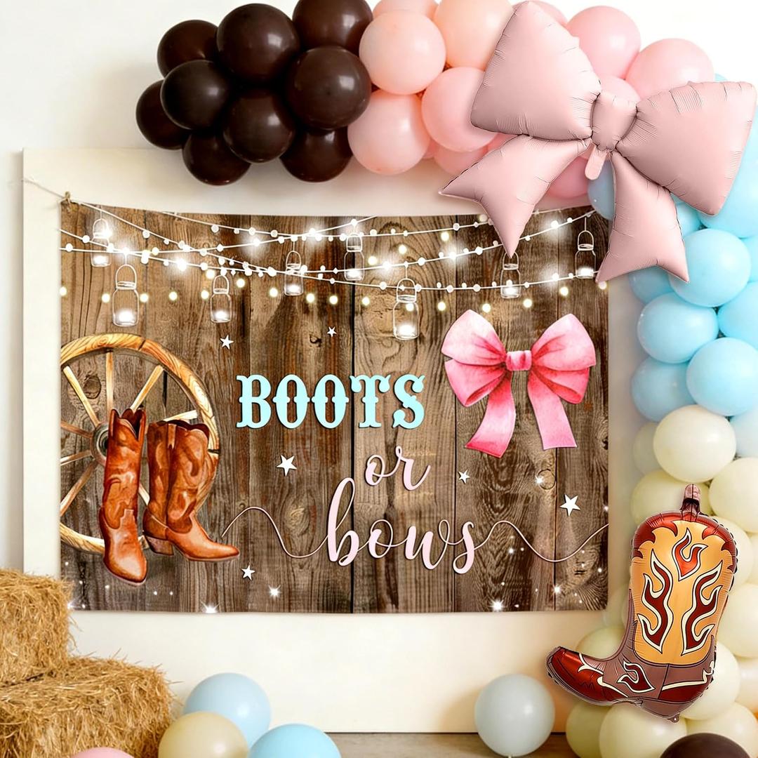 Boots or Bows Gender Reveal Decorations Banner Balloon Cake Cupcake Toppers for Western Cowgirl Gender Reveal Decorations He or She Decor