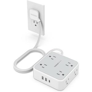 Surge Protector Flat Extension Cord Flat Plug Power Strip, 8 AC Outlets, 3 USB Charger(1 USB C Port) 3-Sided Outlet Extender, 5 Ft, 900 Joules Protection, Office Supplies, Dorm Room Essentials, Grey (5 Feet, Grey)