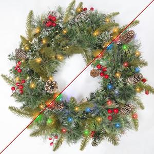 Christmas Wreaths for Front Door, 20'' Pre-Lit Christmas Door Wreath Timer 8 Modes 30 Warm White & Multicolored Dual Color Lights 12 Snowy Pinecones 12 Red Berries for Xmas Indoor Outdoor Home Decor