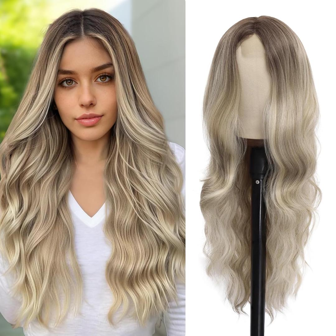 Mairead 26 Inch Ombre Blonde Synthetic Lace Front Wigs for Black Women Middle Part Long Wavy Curly Synthetic Wig Natural Looking Heat Resistant Synthetic Fiber for Daily Party Use