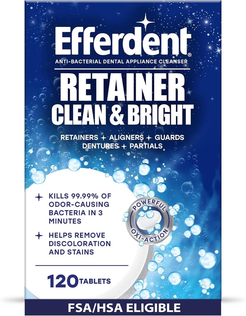 Efferdent Retainer Cleaner Tablets for Aligners, Mouth Guards & Night Guards, Clean & Bright, 120 Count, 3-Minute Daily Retainer Cleaner, Tough Stain & Odor Remover for Dental Appliances