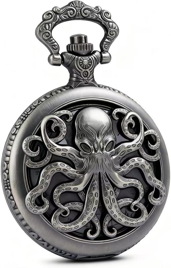 Vintage Octopus Hollow Quartz Pocket Watch Steampunk Black Pocket Watch with Necklace Chain (grey)