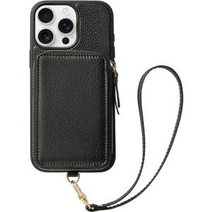 ZVE for iPhone 14 Pro Max Wallet Case, Phone Case with RFID Blocking Card Holder Wrist Strap, Zipper Leather Handbag Gift Cover for Women Compatible with iPhone 14 Pro Max, 6.7"(2022) - Black