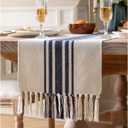 Boho Table Runner for Modern Farmhouse Decor, Dining Table décor 13 x 72 Inch Long with Handcrafted Tassels, Navy Blue and Beige Stripe Table Runner for Home Boho décor