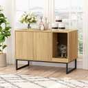 Cat Litter Box Enclosure, Fluted Hidden Litter Box Furniture with Scratch Pad and Metal Legs, Modern Enclosed Cat Cabinet, 31.5 x 17.7 x 21.7 Inches Indoor Pet House for Living Room, Washroom, Natural