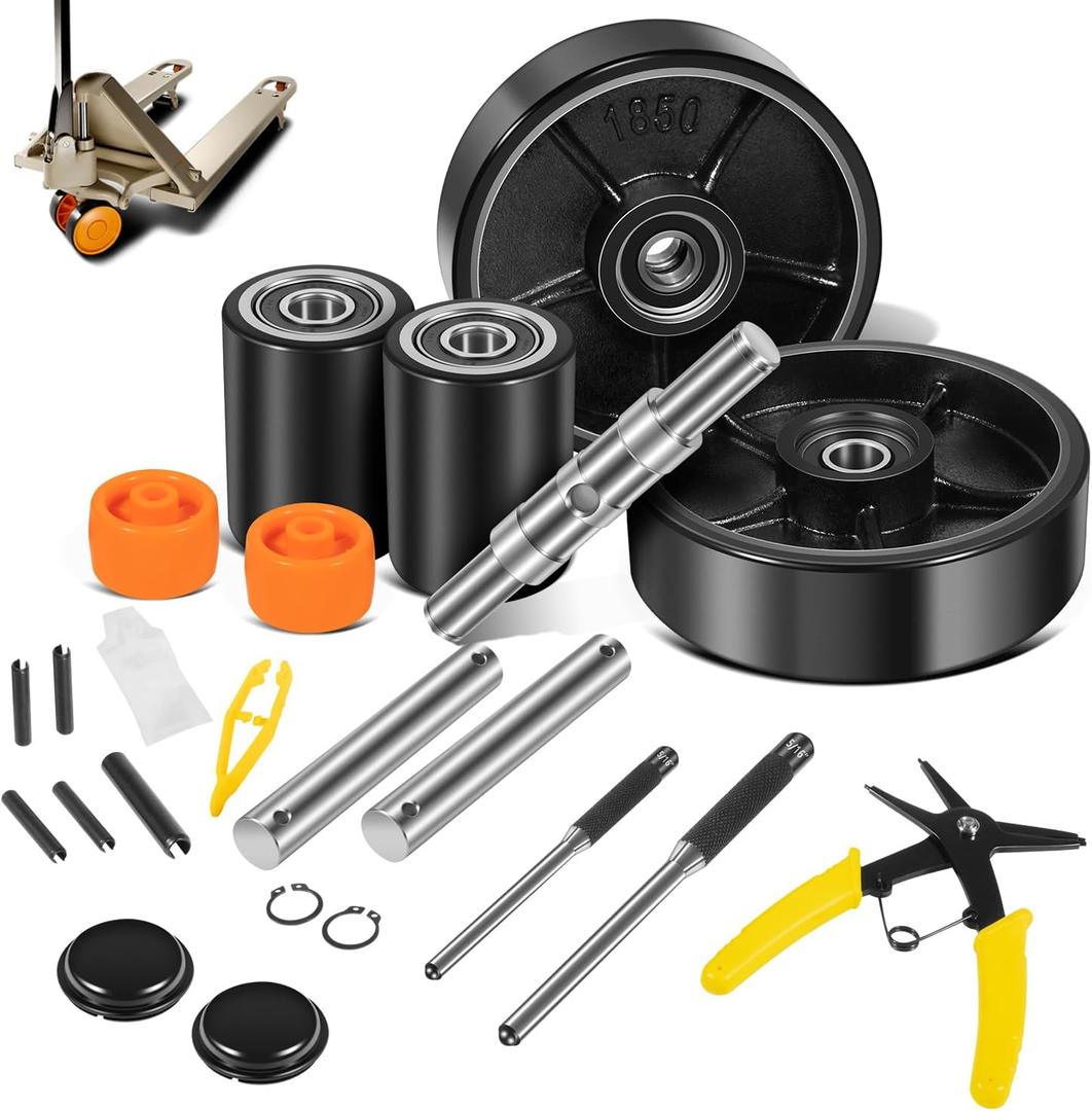 Fit for Crown PTH50 Pallet Jack/Truck Full Wheel Replacement Kit, Pair Steering Wheels 7" x 2", Pair Front Load Roller 2.76"x 3.74", with Pre-Installed Bearings, Axles, PU Tread, Pins, Entry Roller