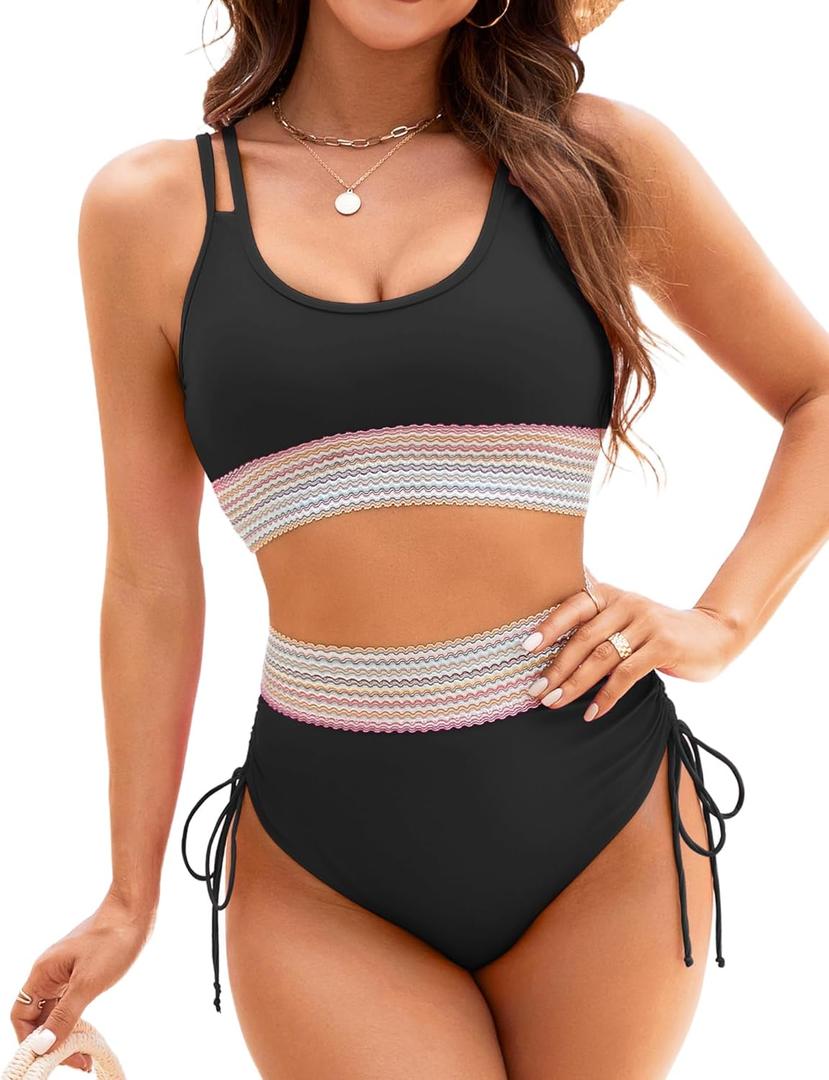 High Waisted Bikini Sets for Women Sporty Color Block Two Piece Bathing Suit Tummy Control Swimsuits Scoop Neck (Black, S)