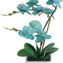 15 Inches Tall Artificial Silk Phalaenopsis Orchid Flower Plant Pot Teal Arrangements (Golden Blue)