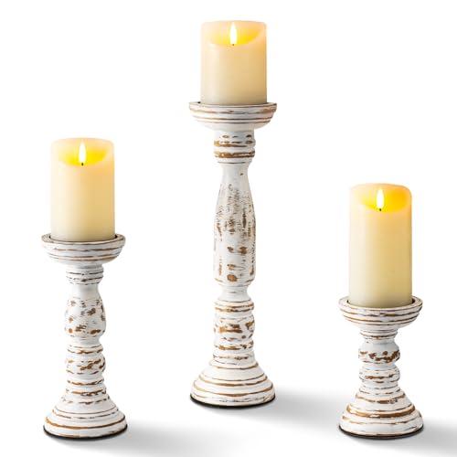 Homemory Farmhouse Wood Candle Holders for Pillar Candles Set of 3, Rustic Candle Holders for Table Centerpiece, 13" 9" 6" Vintage Tall Candle Stand Decorative for Dining Fireplace Living Room (White)