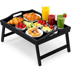 Bamboo Breakfast Tray Table with Folding Legs for Bed Table Sofa - Eating & Laptop Tray Bamboo with Folding Legs (Black) (19.9" x 12.3" x 8.3")