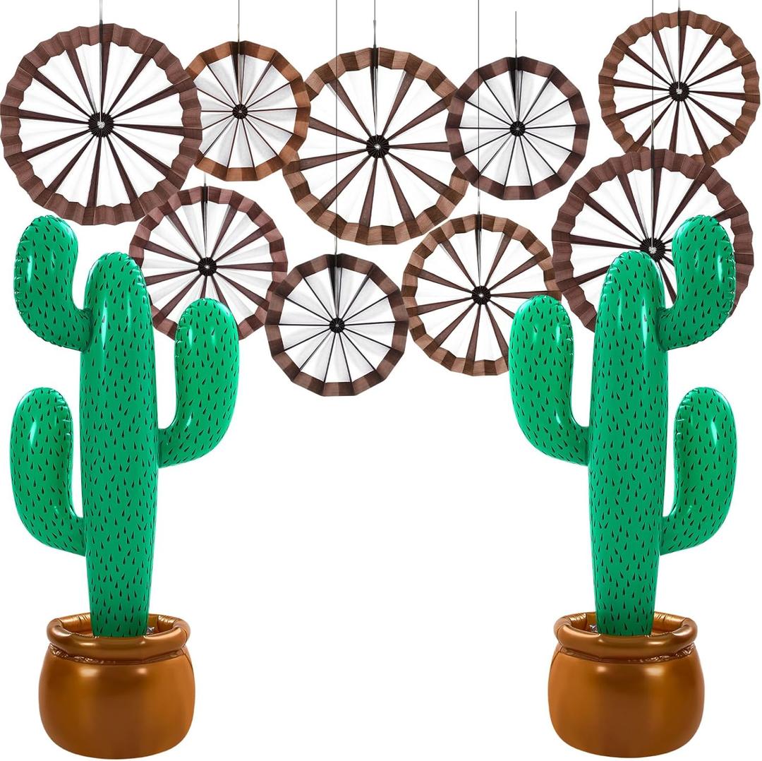 Outus 11 Pcs Western Cowboy Party Decorations Wagon Wheels Paper Fans Inflatable Cactus Prop Wild West Themed Cowboy Ceiling Wall Hanging Decoration for Rodeo Country Farm Theme Birthday Supplies