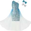 EXARUS Girls Sparkle Sequin Dress Bodycon with Mesh Tween Formal Homecoming Party Dresses Prom Dance Teens One Shoulder, 6 Years, Blue Silver Gradient-one Shoulder