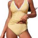 Womens V Neck Tankini Swimsuits Push Up Ruched Color Block Swim Top High Waisted Tummy Control Bathing Suits L