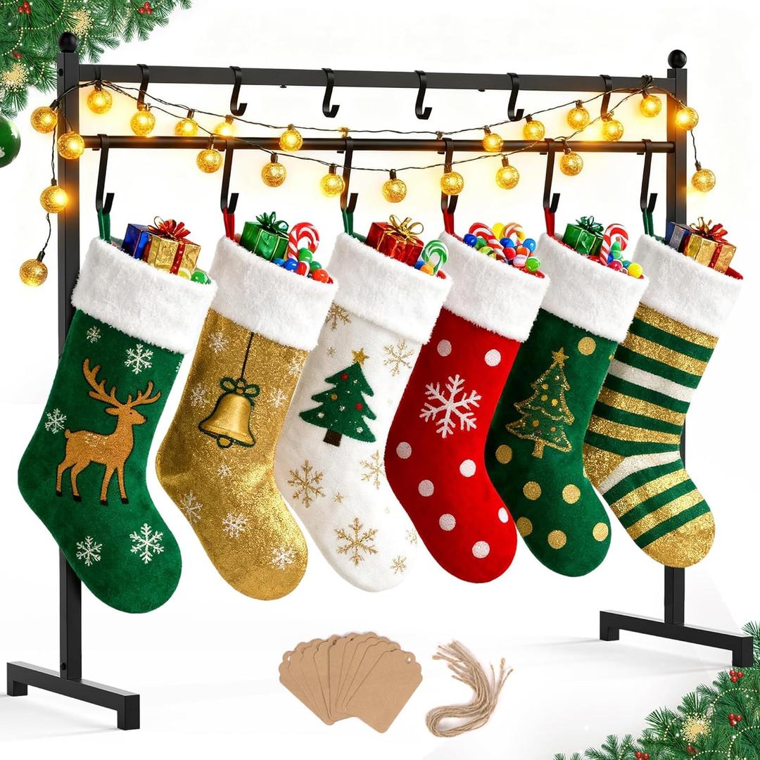 OPKING Christmas Stocking Stand 42 Inch with 12 Hooks and 8 Name Tags, Stable Metal Christmas Stocking Holder for Home, Holiday Decor Hanger Display for Floor