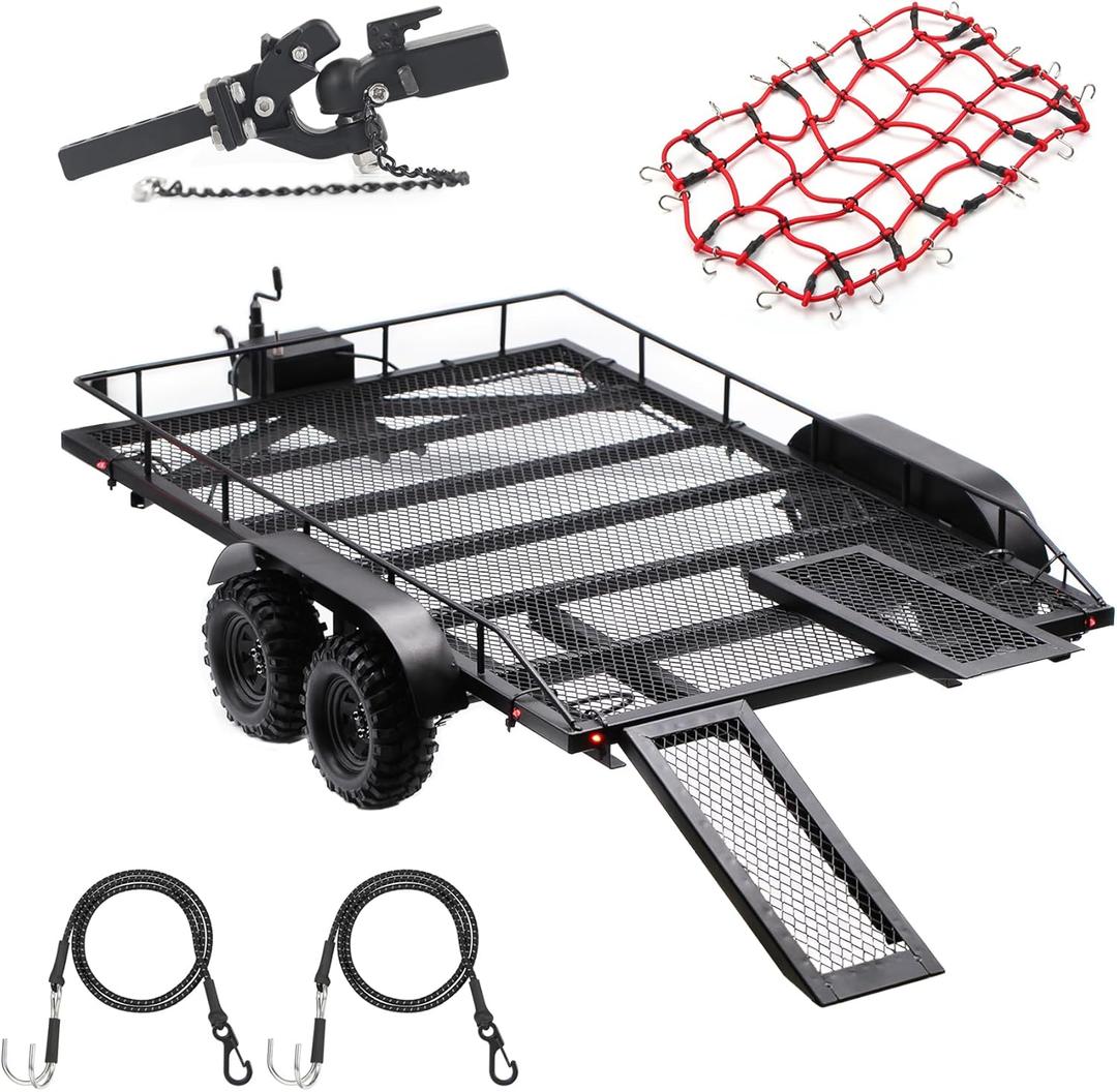 AMK RC Trailer Metal 1/10 1/8 Scale - Builder Kit with Kinetic Winch Strap & Hitch Coupler for Crawler Truck, TRX4 TRX6, Axial SCX10 III, Gen8, RGT (with Manual)