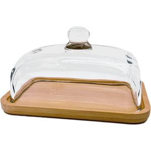 BUTTER DISH WITH LID, GLASS AIRTIGHT LID KEEPS BUTTER SOFT, FOR COUNTERTOP AND REFRIGERATOR. WIDENED DESIGN TO FIT ALL BUTTERS. COVERED BUTTER DISH, MADE OF GLASS AND BAMBOO.