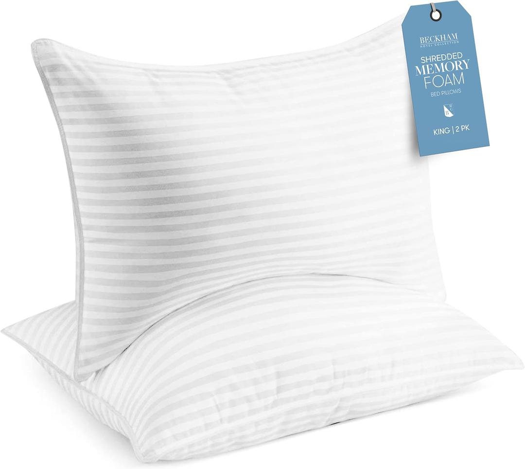 Beckham Hotel Collection King Size Memory Foam (Adjustable Fill) Bed Pillows Set of 2 - Cooling Shredded Foam Pillow for Back, Stomach or Side Sleepers, White 