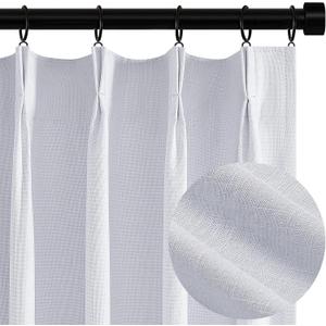 Topfinel White 100% Blackout Curtains 84 Inch Long 2 Panels Set, Pinch Pleat Flax Linen Room Darkening Sound Block Drapes with Hooks Rings for Track System Bedroom Living Room, Snow White