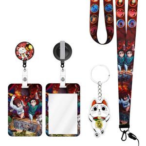 Anime Lanyard with Retractable Badge Reel and Funny Momo ID Badge Holder(with Anime Keychain) 4PCS Set Swivel Clip Alligator Badge Reel for Nurses Student Teacher Women Men