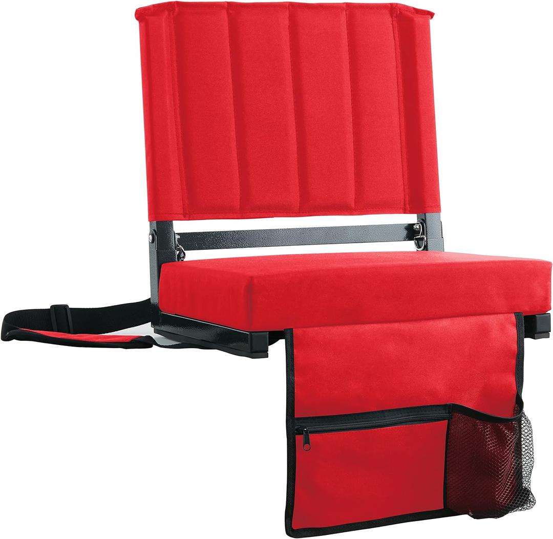 SPORT BEATS Stadium Seats with Back Support Bleacher Chairs with Back and Cushion Thick Padded Bleacher Seats Includes Shoulder Strap (Red)