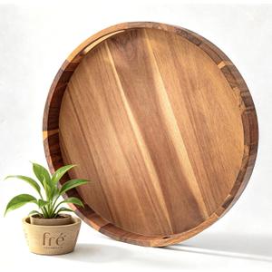 GinSent Acacia Round Wood Serving Tray with Handles,15¾" 15.77" Wooden Circle Tray for Eating, Entertaining, Decorative Tray Ottoman Tray for Living Room,Breakfast Tray, Charcuterie Kitchen Countertop