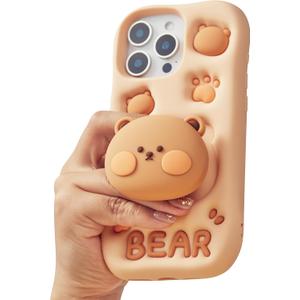Kawaii 3D Teddy Bear Phone Case for iPhone XR (with Stand and Grip) Cute Girly Cartoon Animal Phone Cover for Girls, Boys, Kids, Teens, and Women, Tan
