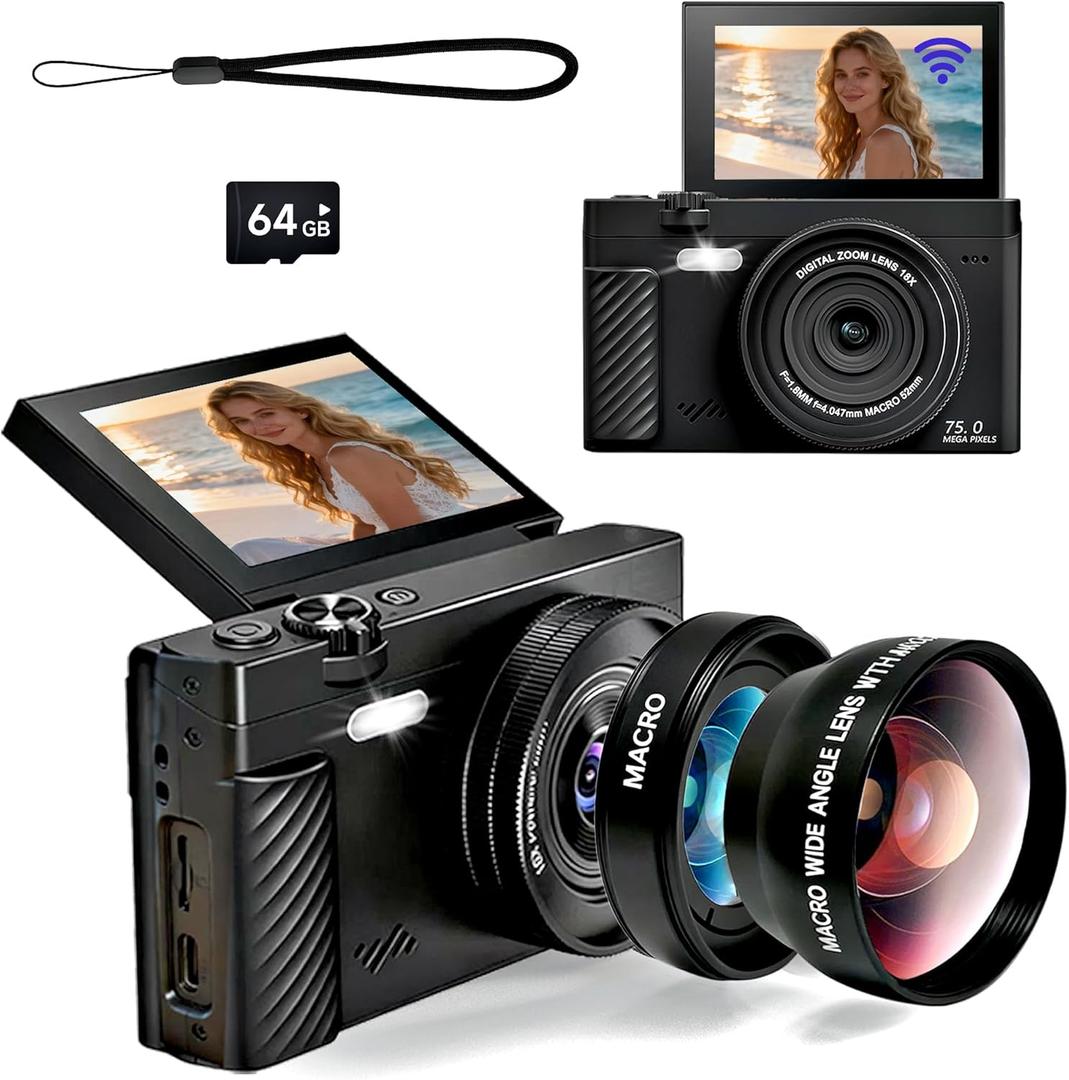 4K Digital Camera with Wide Angle Lens, 64MP WiFi Vlogging Camera with 180 Flip Screen, Point and Shoot Camera for Photography, Beginner YouTube Video Kit with 64GB SD Card