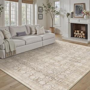 6x9 Beige Washable Neutral Area Rug Living Room Floral Non Slip Low Pile Throw Rug Vintage Traditional Stain Resistant Carpet Bedroom Kitchen Dining Room Office Playroom