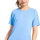 KEREDA Girls Athletic Shirts Quick Dry Short Sleeve Crew Neck T Shirt, Summer UPF 50+ Tee Tops for Teen Girls (13-14 Years, Blue), 160