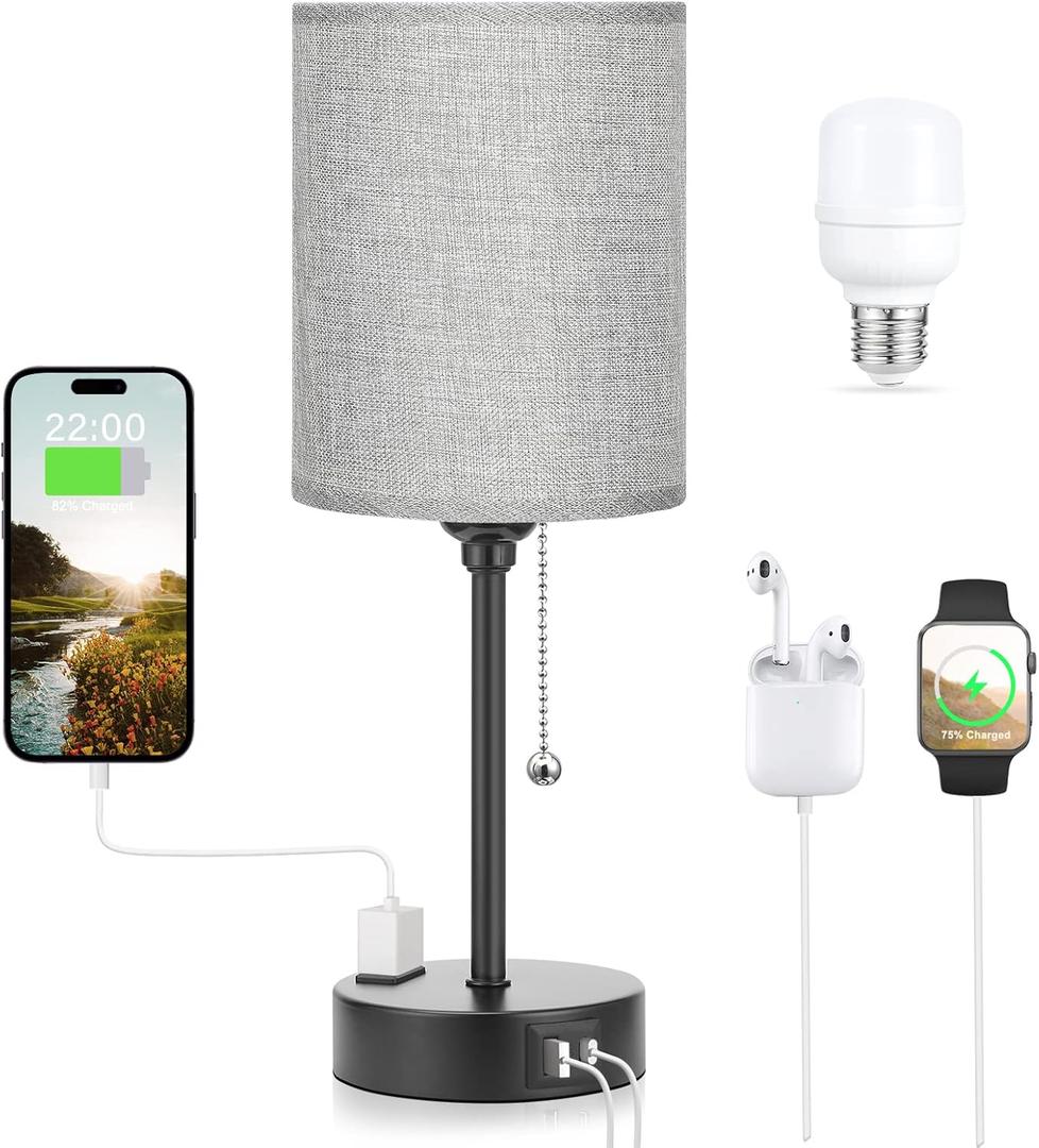 Grey Nightstand Lamps 3 Color Temperatures - 3000K 4000K 5000K Bedside Lamps with USB C and A Ports, Pull Chain Table Lamps with AC Outlet, Small Lamps with Black Metal Base for Sleeping Reading (14.6 in)