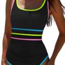 popvil One Piece Swimsuit Tummy Control Womens Bathing Suits Modest Curvy Neon Sexy Sport Swimwear (Medium, Black Stripe3)