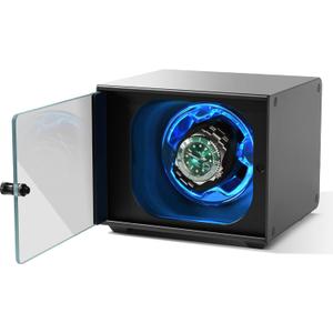 Watch Winder, Aluminum Single Automatic Watch Winder with Ultra Quiet Motor(0dB),Self-Winding Metal Watch Winder for Rolex and More,Blue Light,Side Open Glass Door,Gift for Watch Lovers (Black aluminum alloy)